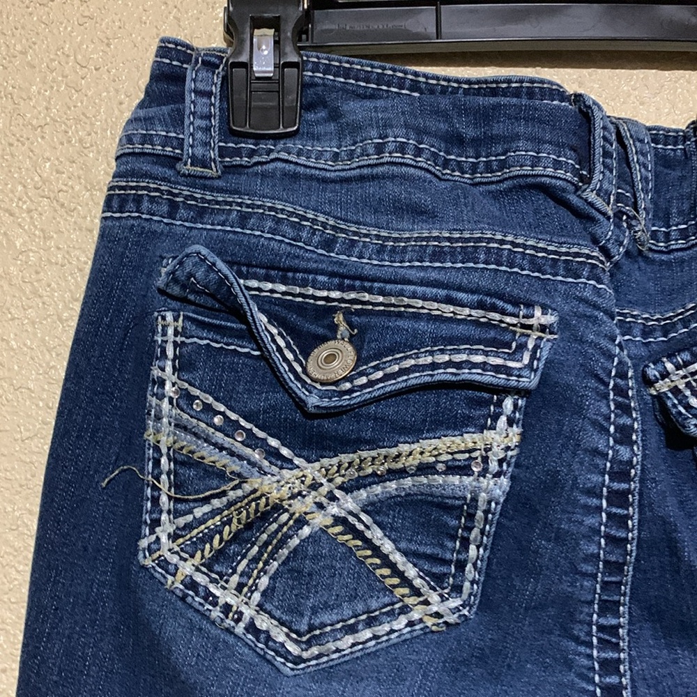 Wallflower Jeans 7 Reg Jr Blue Stretchy Bootcut Embroidered Back Flap Pockets - Picture 10 of 15